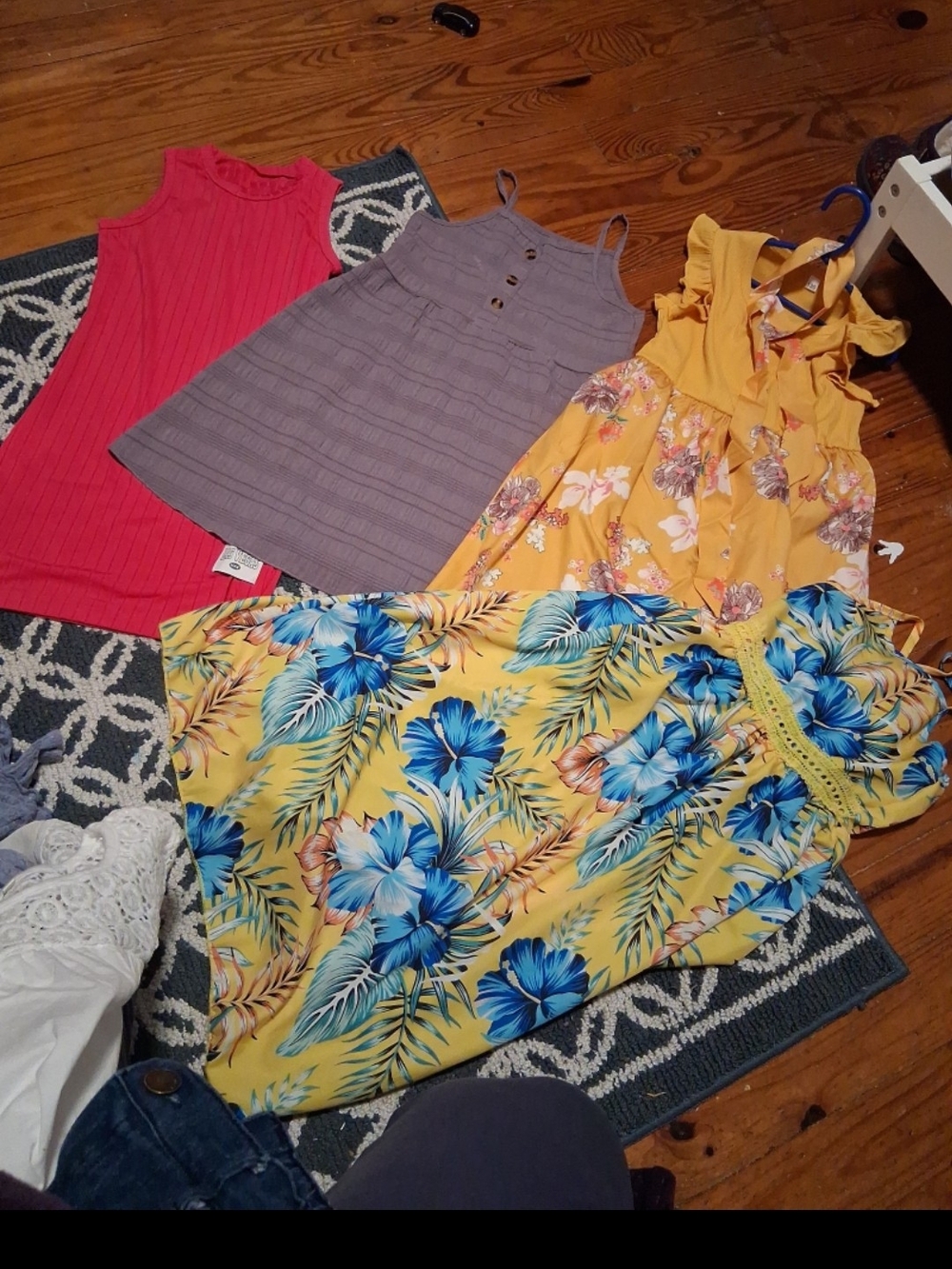 Assorted Girls' Summer Dresses and Tops - Yellow Floral, Blue Floral, Pink, Gray